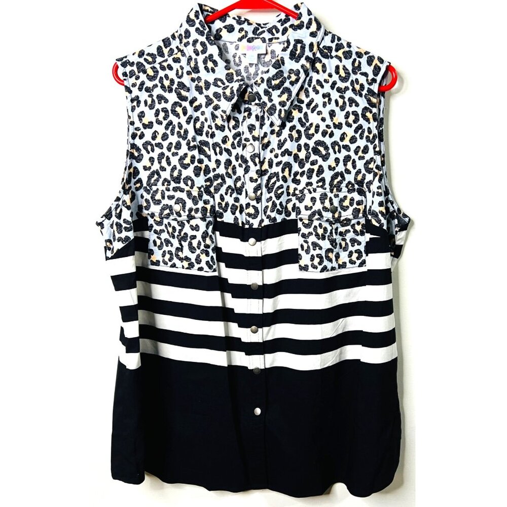 LuLaRoe Womens 2XL Sleeveless Shirt Leopard & Stripe Print Snap-Up Blouse